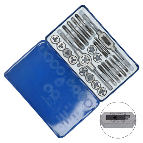 Pro Grade Hard Alloy Steel Tap Die Kit For Thread Repair, Manual Wrench Set, tough steel tap and dies in blue metal case