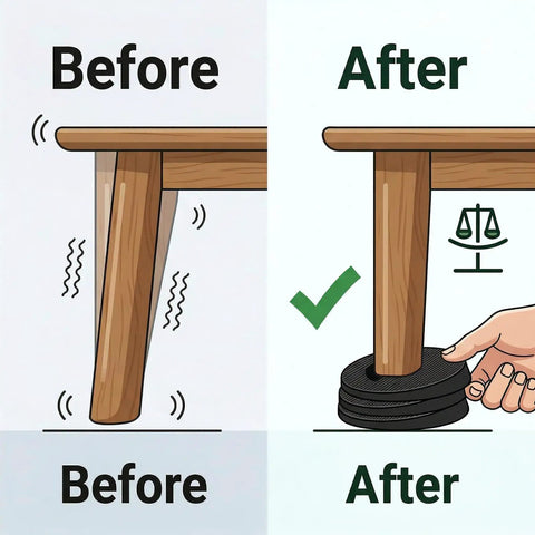 Comparison of table stability before and after using Twenty Pack Rubber Leveling Shims Anti Wobble Furniture Levelers.