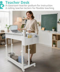 Teacher using Rolling Mobile Desk With Drawers And Storage Adjustable Height Standing Workstation On Wheels For Small Spaces