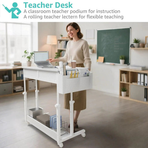 Teacher using Rolling Mobile Desk With Drawers And Storage Adjustable Height Standing Workstation On Wheels For Small Spaces