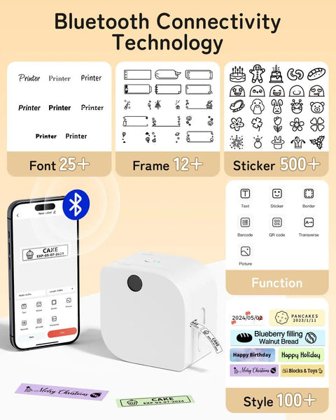 Compact Bluetooth Label Maker With Tape And Templates, Pocket Size Thermal Printer shown with smartphone connectivity and label samples