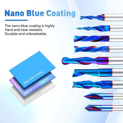 Nine Piece Solid Carbide CNC Router Bit Set With Nano Blue Coating And One Fourth Inch Shank Hella Sharp Edges For Woodworking Pros And Weekend Warriors A Total Sweet Deal