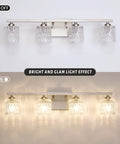 4 Light Modern Crystal Glass Bathroom Vanity Light Fixture Over Mirror In Brushed Nickel Finish G9 Bulb Excluded Wall Sconce Lighting That Feels Lit For Bathroom Hallway And Living Spaces, shown on and off.