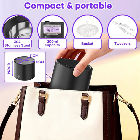 Compact Retainers And Aligners Ultrasonic Cleaner 50kHz Dental Pod fits in handbag, black portable design with 200ml capacity
