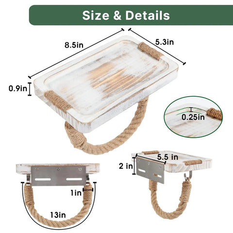 Coastal Rope Toilet Paper Holder With Shelf Wall Mount For Bathroom Decor showing dimensions and rustic farmhouse design