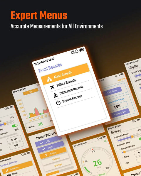 Must-Have Portable Carbon Monoxide Detector interface showing event records, alarm settings, and measurement readings for all environments