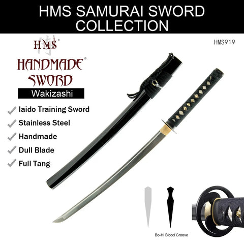 Unsharpened Stainless Steel Wakizashi Iaito for Iaido Practice, 21 Inch Blade With Bo Hi Fuller, black scabbard, full tang