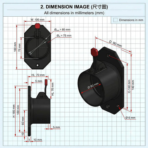 Dimension image showing measurements of Heavy Duty EV Charger Holder for Type 2 Plugs, including size and design details.