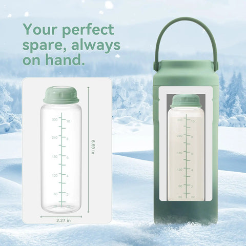 Solid Backup 11 Oz Breastmilk Storage Bottles Compatible With Momcozy Coolers And Narrow Neck Baby Bottle For Pumping Bpa Free No Drama Stash Mom Vetted Nursing Essentials Two Pack displayed with dimensions in snowy environment.