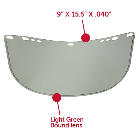 Green Aluminum-Bound Face Shield Window 9 x 15.5 x 0.04 Inch With Universal Pin Mount Fits Hard Hat Interchange System