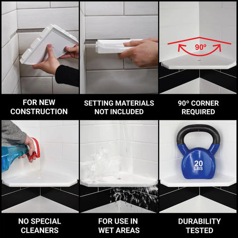 Installation and testing of 10 Inch Corner Shower Shelf With Lugged Mount For Quick Install In New Construction Built For Tiled Walls Shower Organizer Corner Caddy Soap Dish Bathroom Storage In Graphite Black