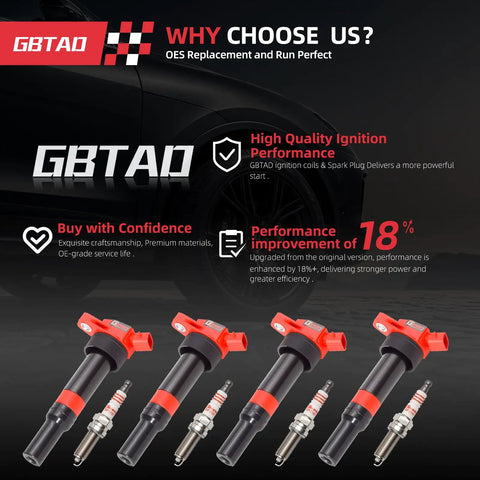 Set Of 4 Ignition Coil Packs And Platinum Spark Plugs For 1.8L 2.0L L4 Engines In Hyundai Elantra Elantra GT Coupe Tucson Kia Soul Forte Replaces UF651 C1804, featuring high performance improvement details.