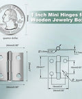 Front view of stainless steel 1-inch mini hinge with screws for a wooden jewelry box.