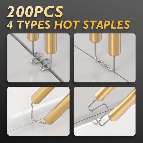Close-up of 4 types of 200PCS staples used in 100W Plastic Welder Hot Stapler Kit With 400 Staples 110V Quick Heat for repairs.