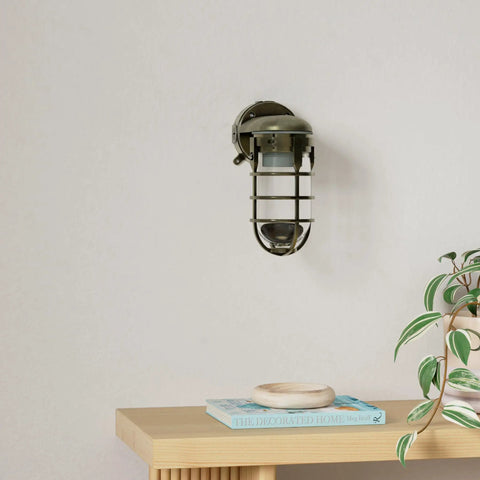 Industrial 100W Incandescent Wall Mount Light in Antique Brass, Built Tough Weatherproof Metal Die Cast Construction With Tempered Glass Lens And Protective Cage, Indoor Outdoor Lighting Fixture For Dwellings Shops And Patios