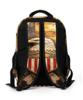 Back view of heraldic shield print backpack with dope eagle emblem, unisex large capacity daypack with durable polyester.