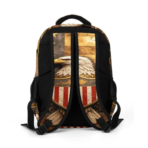 Back view of heraldic shield print backpack with dope eagle emblem, unisex large capacity daypack with durable polyester.