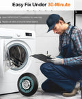 Kill The Dryer Groan With This Upgraded Drum Roller Kit 2 Pack featuring heavy duty roller and technician inspecting dryer.