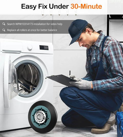 Kill The Dryer Groan With This Upgraded Drum Roller Kit 2 Pack featuring heavy duty roller and technician inspecting dryer.