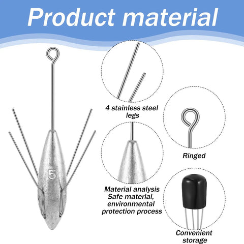 Diagram of 5 Pcs Sputnik Sinker Surf Fishing Weights Set Stainless Steel Long Tail Sinkers For Catfish And Surf Casting Ocean Breakwater River Beach Gear 5 Ounces Each showing materials and features.