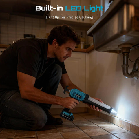 Person using Cordless Caulking Gun 21V Battery Powered With Dual 2.0Ah Batteries LED Light Auto Retract And 9 Piece Caulk Remover Kit