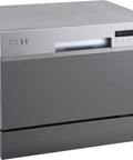 Compact Countertop Dishwasher Featuring Stainless Tub And Seven Quick Wash Options Handles Six Place Settings No Stress In Tight Spaces Energy Star Certified Silver Machine viewed from the front.