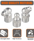 Three chrome SAE/metric grease fittings with 45° and 90° angled heads (front view).