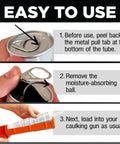 Instructions for using Go-To Paintable Polyurethane Seam Sealer: peel tab, remove ball, load in caulking gun, 10.5 oz cartridge.