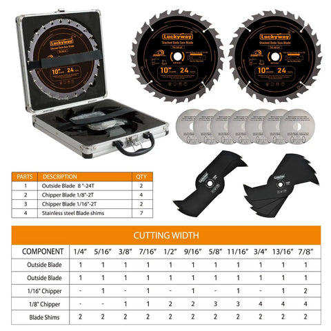 10 Inch Dado Blade Set For Table Saw With 24 Carbide Teeth, Stacked Dado Kit, 1/4 To 7/8 Inch Cutting Widths, product display in case
