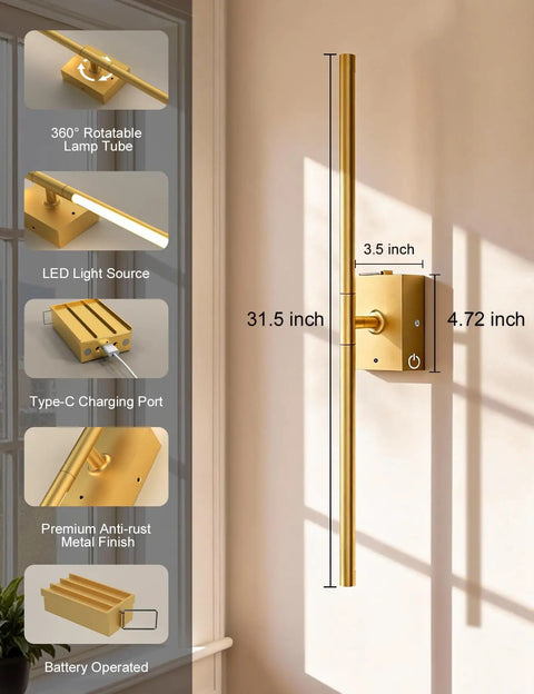 Slick Wireless Rechargeable Wall Sconces Set Of 2 Battery Powered Gold Light Fixtures solid screw mount design with 360° rotatable lamp tube.