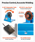 Image showing Rotary Welding Positioner With 10 Kg Load Capacity, 1-12 RPM, 20W Motor, 0 To 90 Degree Adjustable Turntable, 8.1 Inch 3-Jaw Chuck. Features include adjustable table for optimal welding angle, K01-63 3-jaw chuck for precise centering grip, convenient foot pedal for instant start/stop, and pre-drilled holes for stability.