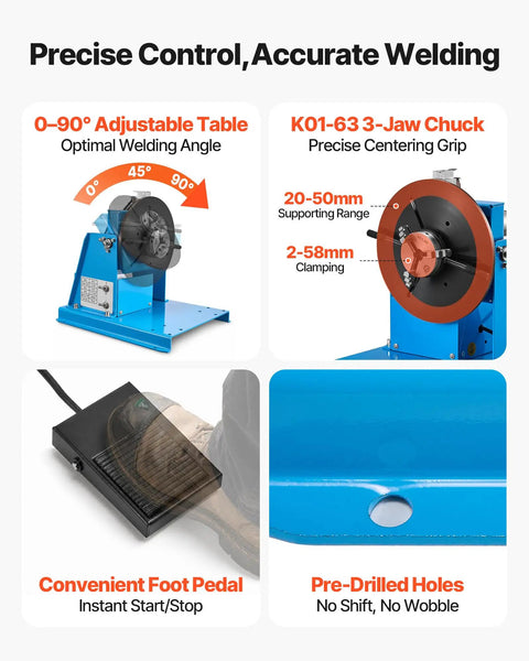 Image showing Rotary Welding Positioner With 10 Kg Load Capacity, 1-12 RPM, 20W Motor, 0 To 90 Degree Adjustable Turntable, 8.1 Inch 3-Jaw Chuck. Features include adjustable table for optimal welding angle, K01-63 3-jaw chuck for precise centering grip, convenient foot pedal for instant start/stop, and pre-drilled holes for stability.