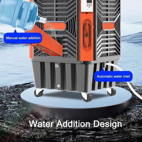 Industrial Grade Evaporative Cooler Featuring 50 Fan Speeds And Copper Motors Pumping Hella Fresh Air Across 1800 Square Feet showing manual and automatic water addition.