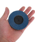 Zirconia Flap Sanding Wheels 3 Inch Grinder Discs With Fused Alumina For Metal Polishing, held in hand, showing blue sanding flaps.