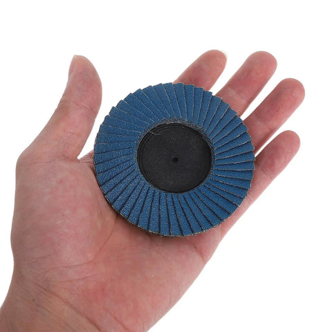 3 Inch Zirconia Flap Disc Sanding Wheel For Die Grinder With Fused Alumina Abrasive 40 To 120 Mesh held in hand for metal polishing jobs.