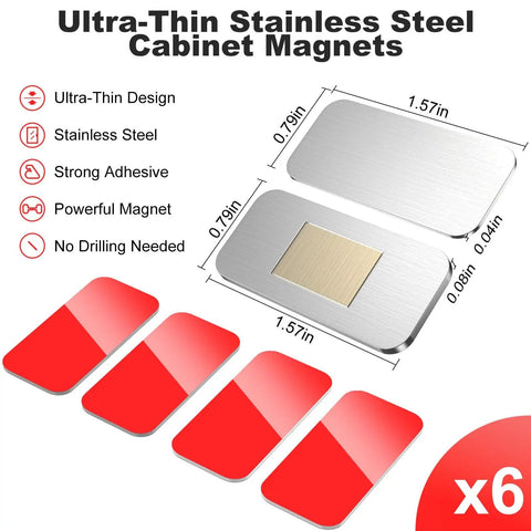 Six Pack No Drill Magnetic Cabinet Catches Ultra Thin Stainless Steel With Extra Strong Adhesive dimensions and features