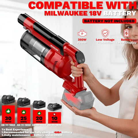 M18 Battery Compatible Cordless Vacuum Cleaner 8 In 1 Stick Vac with pet brush, showing battery compatibility details