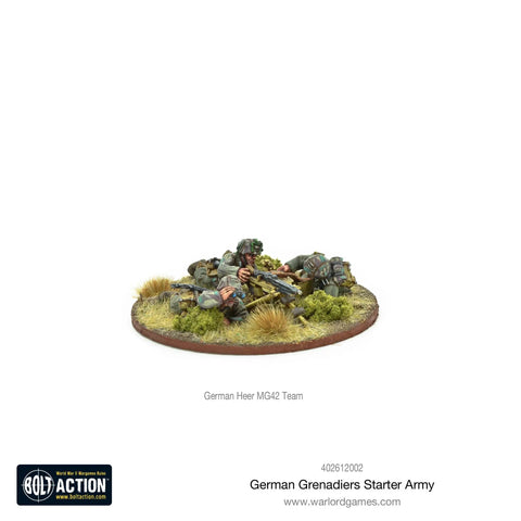 Bolt Action German Grenadiers 1:56 Scale Miniatures Set, painted MG42 team on round base for tabletop war gaming.