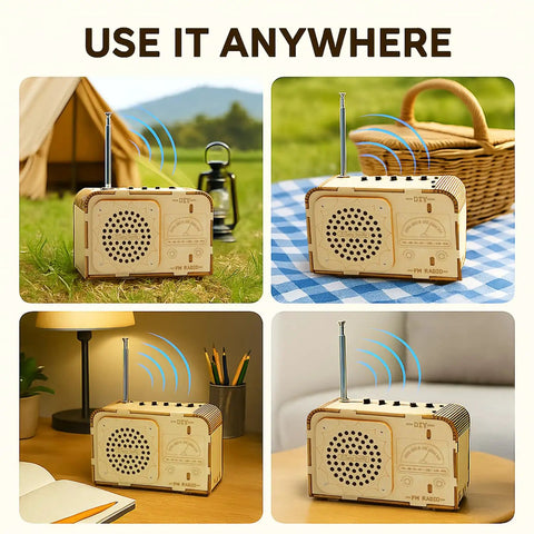 Totally Kid Friendly FM Radio Kit For Ages 8 To 13 Build A Working Radio With A DIY Wooden 3D Puzzle STEM Toy Safe Basswood Educational Science Kit For Kids 88 To 108 MHz, wooden FM radio on desk