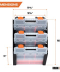 Front view of Gear Up Small Parts Tool Organizer for Service Trucks and Cargo Vans with 3 storage bins and dimensions shown.