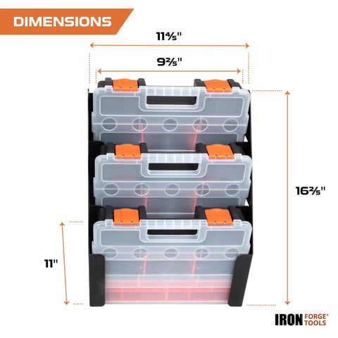 Front view of Gear Up Small Parts Tool Organizer for Service Trucks and Cargo Vans with 3 storage bins and dimensions shown.