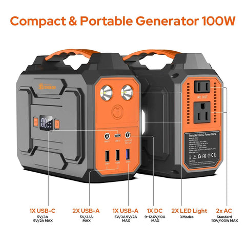 Go To All In One Portable Power Station With 100W Solar Generator and Foldable 40W Panel showing AC outlets and LED lights