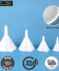 Shielded Plastic Car Oil Funnel Set 4 Pack Wide Neck Auto Fluid Transfer Funnels displayed with smooth edges close-up inset.