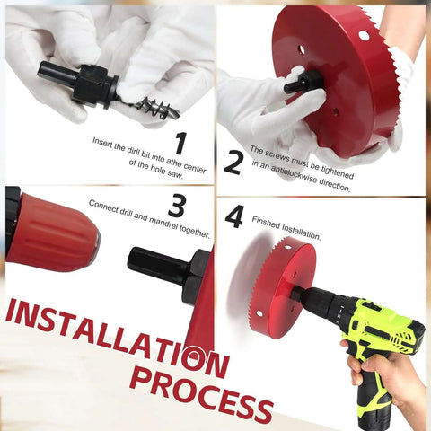 Red 6-1/4 inch bi-metal hole saw with hex shank adapter and cordless drill; installation steps collage.