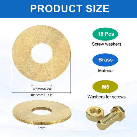 18 Pack Brass Flat Washers Kit M6 Crush Washers Assortment 6mm ID 18mm OD 1mm Thick For Bolts Screws Machinery Repair