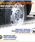 Two Pack 1.98 Inch Rubber Dust Caps For Trailer Bearings on wheel, highlighting protection from dust and dirt for trailers.