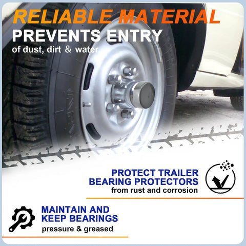 Two Pack 1.98 Inch Rubber Dust Caps For Trailer Bearings on wheel, highlighting protection from dust and dirt for trailers.