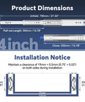 Diagram showing dimensions and installation for Beefy Heavy Duty Drawer Slides With Lock 14 Inch Full Extension Ball Bearing Rails.