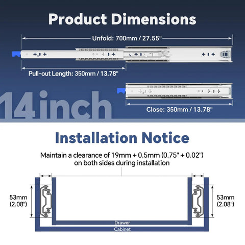 Diagram showing dimensions and installation for Beefy Heavy Duty Drawer Slides With Lock 14 Inch Full Extension Ball Bearing Rails.