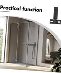 Heavy Duty Stainless Steel Shower Door Hinge With Dual Hole Pivot, Black Metal Bathroom Hardware For Frameless Glass Enclosure, detailed view with modern shower.